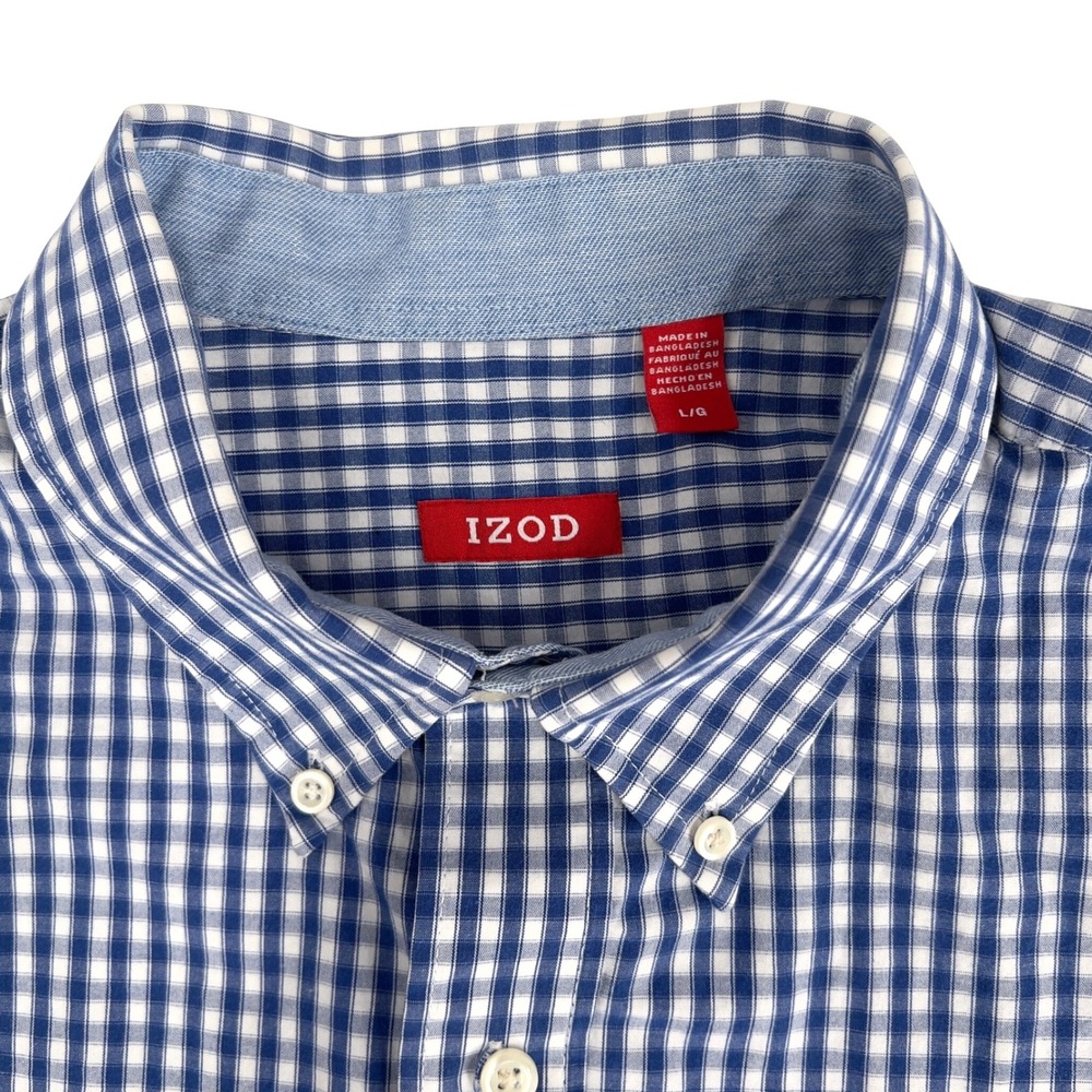 IZOD‎ Mens Button Down Shirt Cobalt Blue Gingham Check Long Sleeve Classic Fit L